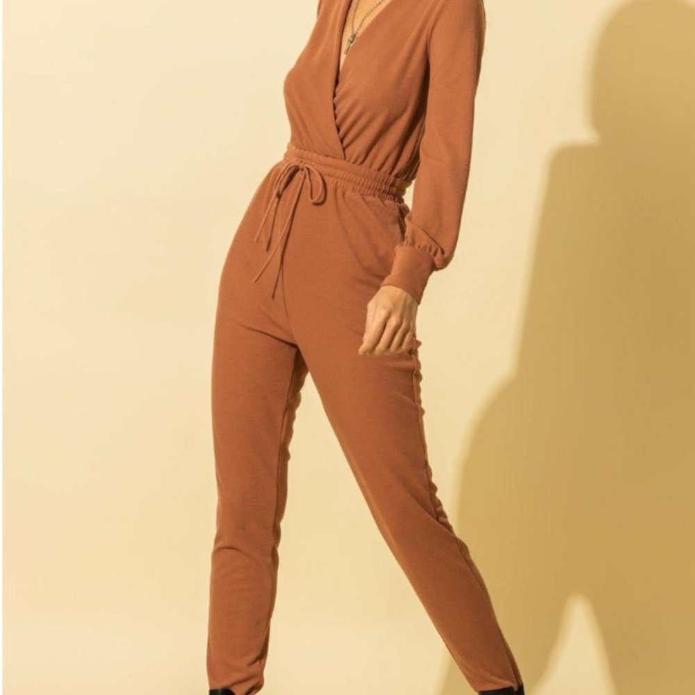 Clay Colored Long Sleeve Drawstring Jumpsuit